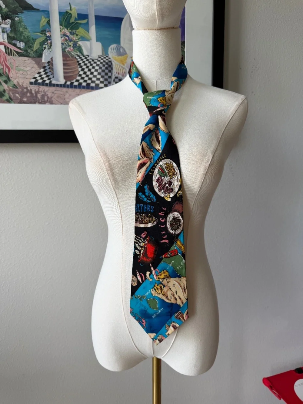 Vintage Nicole Miller 1994 Silk Neck Tie Vacation Print, Seafood, Whimsical